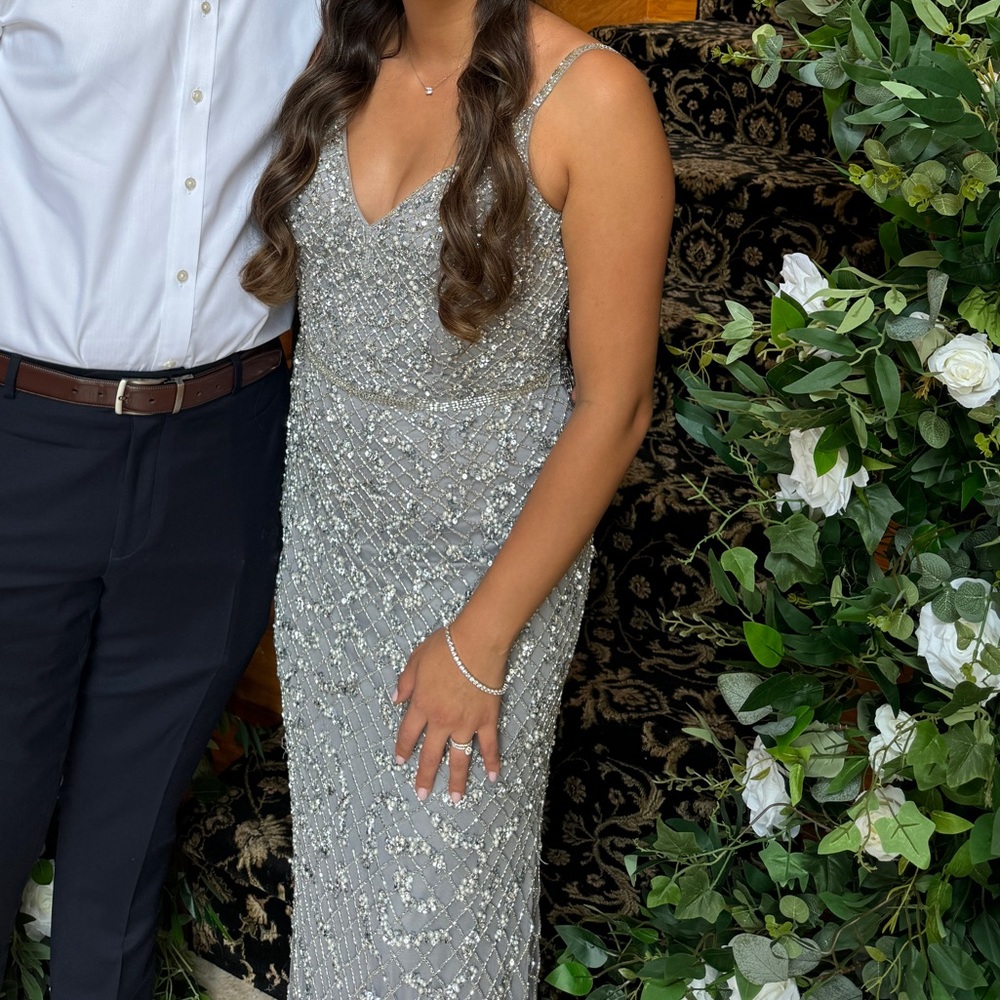Silver Formal Beaded Maxi Dress